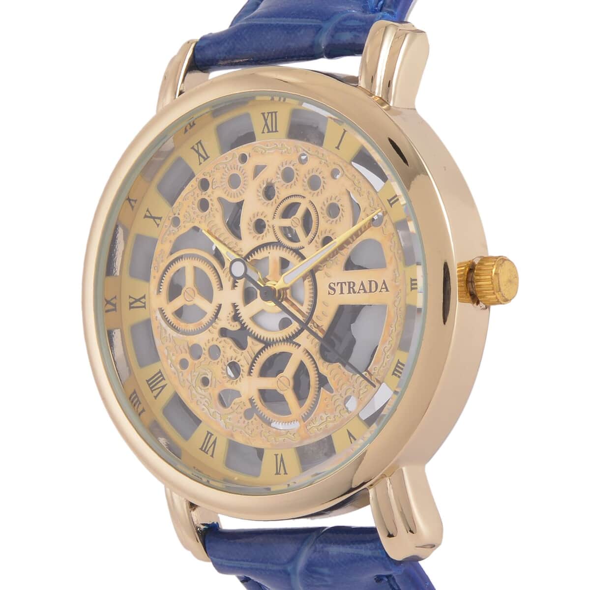 Strada Japanese Movement Skeleton Dial Watch with Blue Faux Leather Strap (38mm) (5.50-8.0Inches) image number 3
