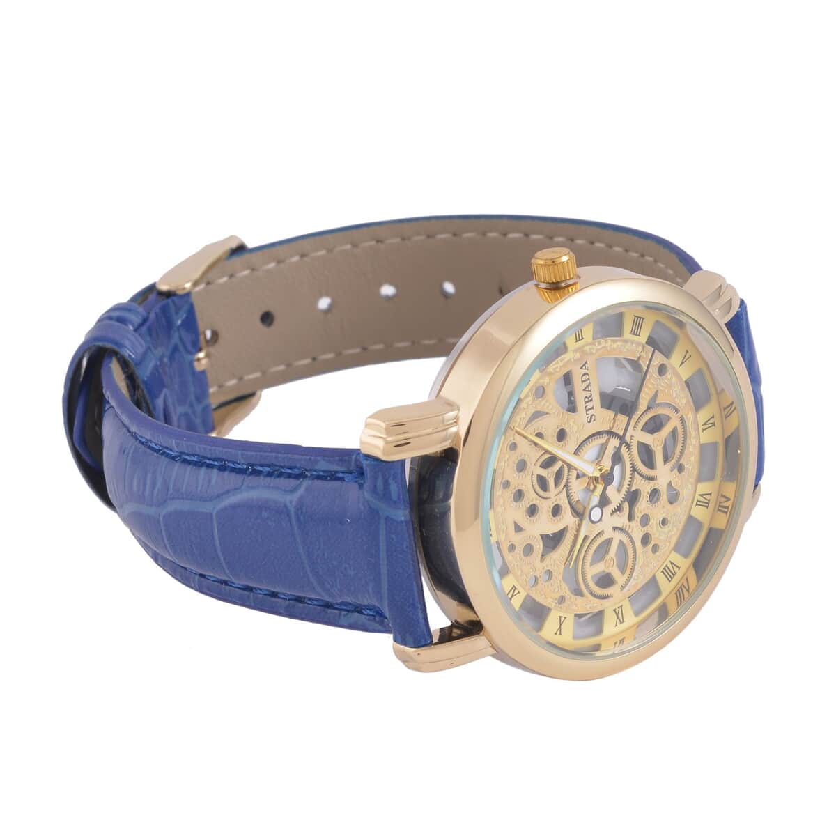 Strada Japanese Movement Skeleton Dial Watch with Blue Faux Leather Strap (38mm) (5.50-8.0Inches) image number 4