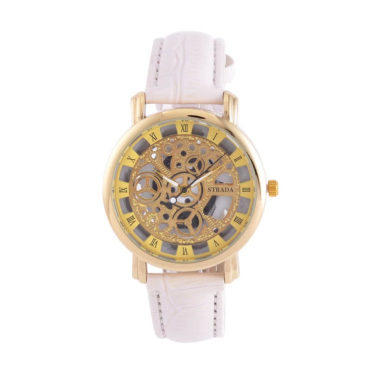 Strada Japanese Movement Skeleton Dial Watch with White Faux Leather Strap (38mm) (5.50-8.0Inches) image number 0