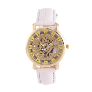 Strada Japanese Movement Skeleton Dial Watch with White Faux Leather Strap (38mm) (5.50-8.0Inches)