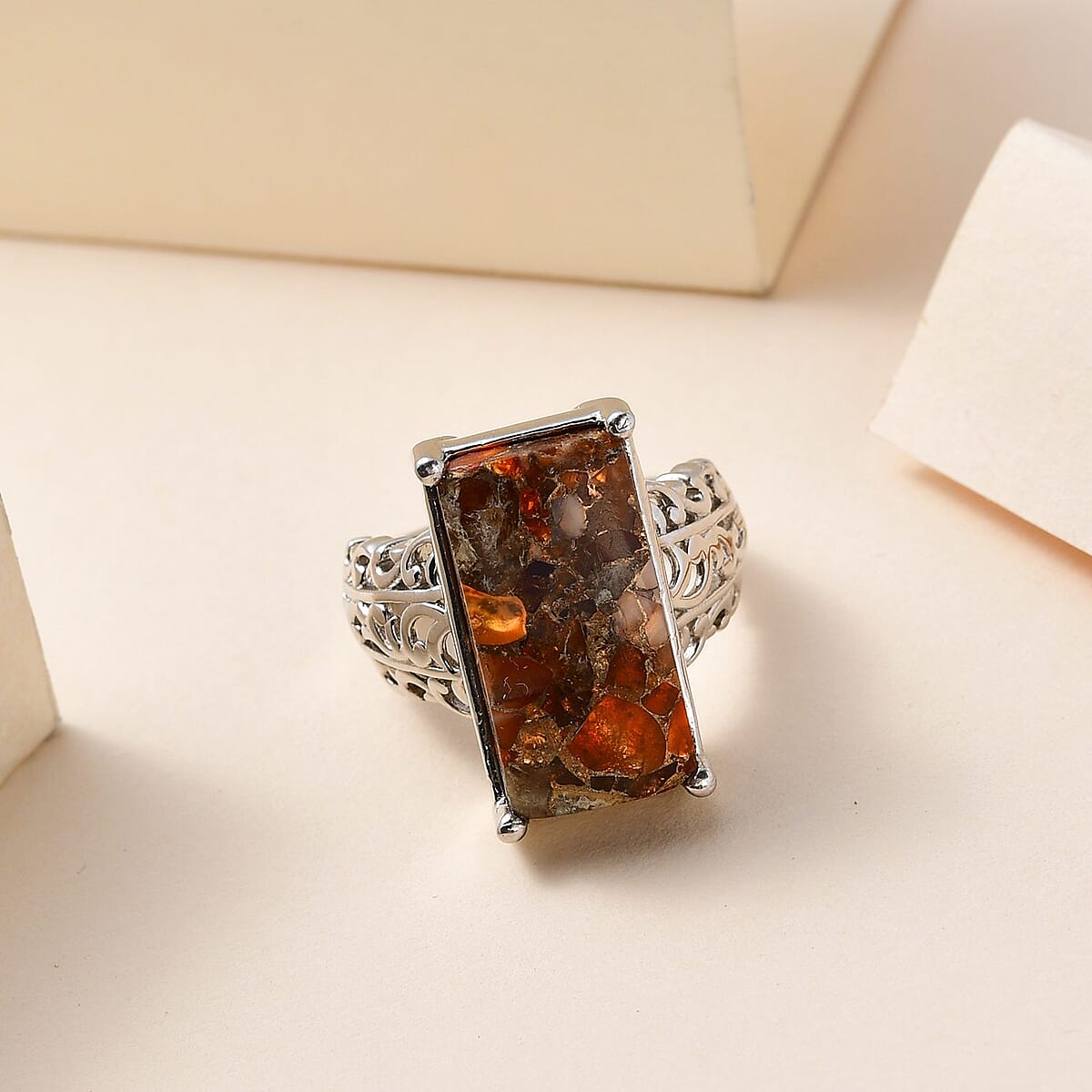 Matrix Fire Opal Solitaire Ring in Platinum Over Copper with Magnet (Size 7.0) 9.15 ctw image number 1