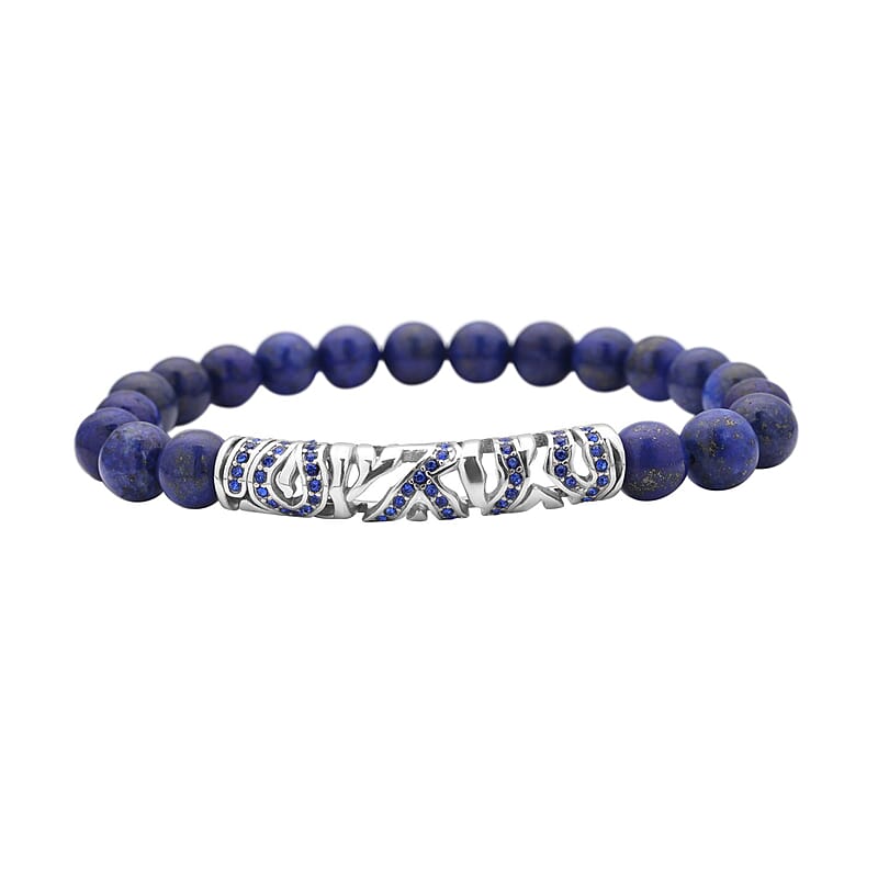 Lapis Lazuli, Blue Austrian Crystal Beaded and Tiger Strip Bracelet in Stainless Steel (7.50 In) 87.20 ctw | Tarnish-Free, Waterproof, Sweat Proof Jewelry