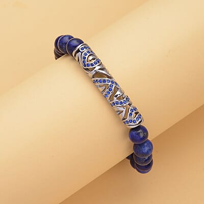 Lapis Lazuli, Blue Austrian Crystal Beaded and Tiger Strip Bracelet in Stainless Steel (7.50 In) 87.20 ctw | Tarnish-Free, Waterproof, Sweat Proof Jewelry