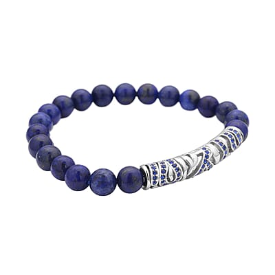 Lapis Lazuli, Blue Austrian Crystal Beaded and Tiger Strip Bracelet in Stainless Steel (7.50 In) 87.20 ctw | Tarnish-Free, Waterproof, Sweat Proof Jewelry