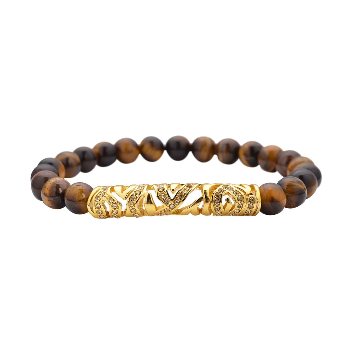 Yellow Tiger's Eye, Yellow Austrian Crystal Beaded and Tiger Strip Bracelet in ION Plated YG Stainless Steel (7.50 In) 87.20 ctw , Tarnish-Free, Waterproof, Sweat Proof Jewelry image number 0