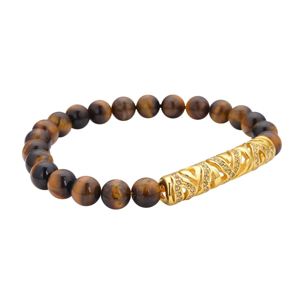 Yellow Tiger's Eye, Yellow Austrian Crystal Beaded and Tiger Strip Bracelet in ION Plated YG Stainless Steel (7.50 In) 87.20 ctw , Tarnish-Free, Waterproof, Sweat Proof Jewelry image number 3
