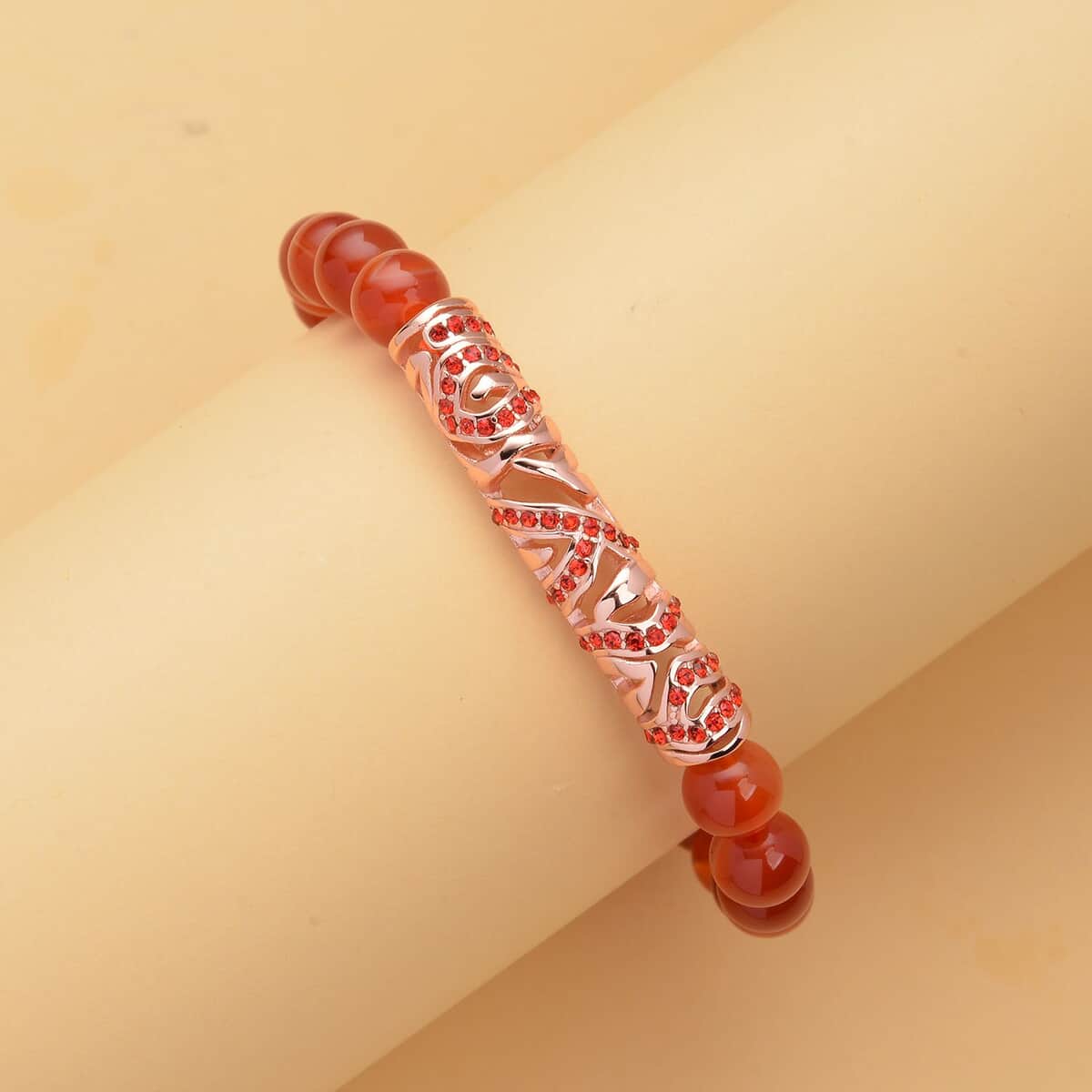 Red Agate, Red Austrian Crystal Beaded and Tiger Strip Bracelet in ION Plated RG Stainless Steel (7.50 In) 87.20 ctw , Tarnish-Free, Waterproof, Sweat Proof Jewelry image number 1