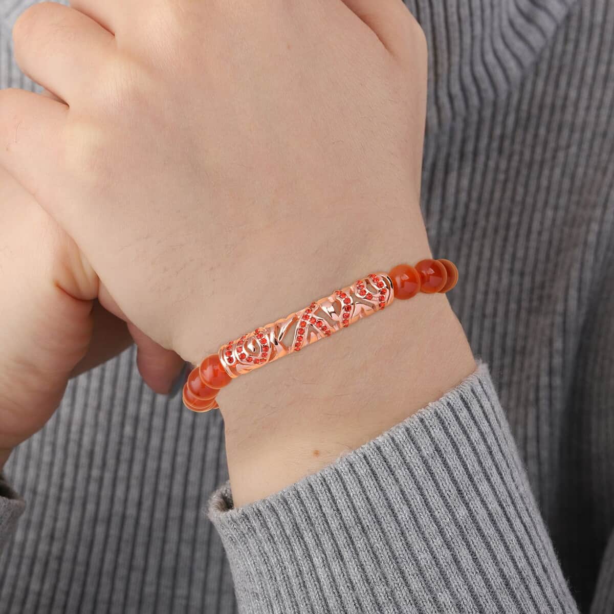 Red Agate, Red Austrian Crystal Beaded and Tiger Strip Bracelet in ION Plated RG Stainless Steel (7.50 In) 87.20 ctw , Tarnish-Free, Waterproof, Sweat Proof Jewelry image number 2