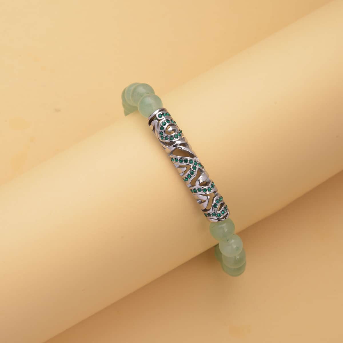 Green Aventurine, Neon Green Austrian Crystal Beaded and Tiger Strip Bracelet in Stainless Steel (7.50 In) 87.20 ctw | Tarnish-Free, Waterproof, Sweat Proof Jewelry image number 1
