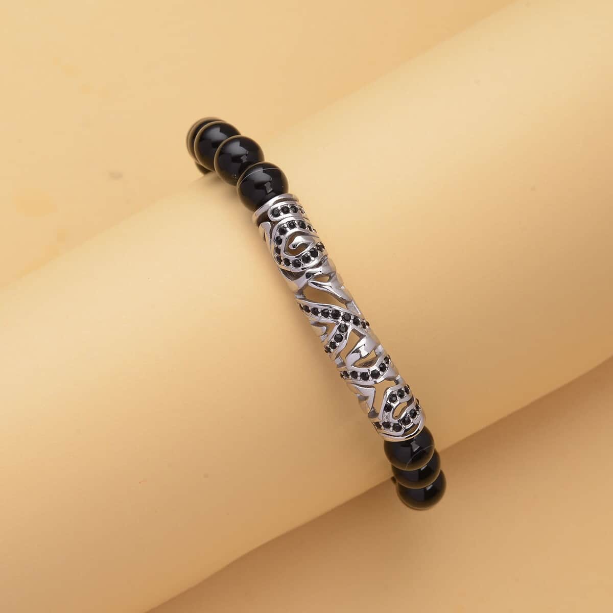 Black Agate, Black Austrian Crystal Beaded and Tiger Strip Bracelet in Stainless Steel (7.50 In) 87.20 ctw | Tarnish-Free, Waterproof, Sweat Proof Jewelry image number 1