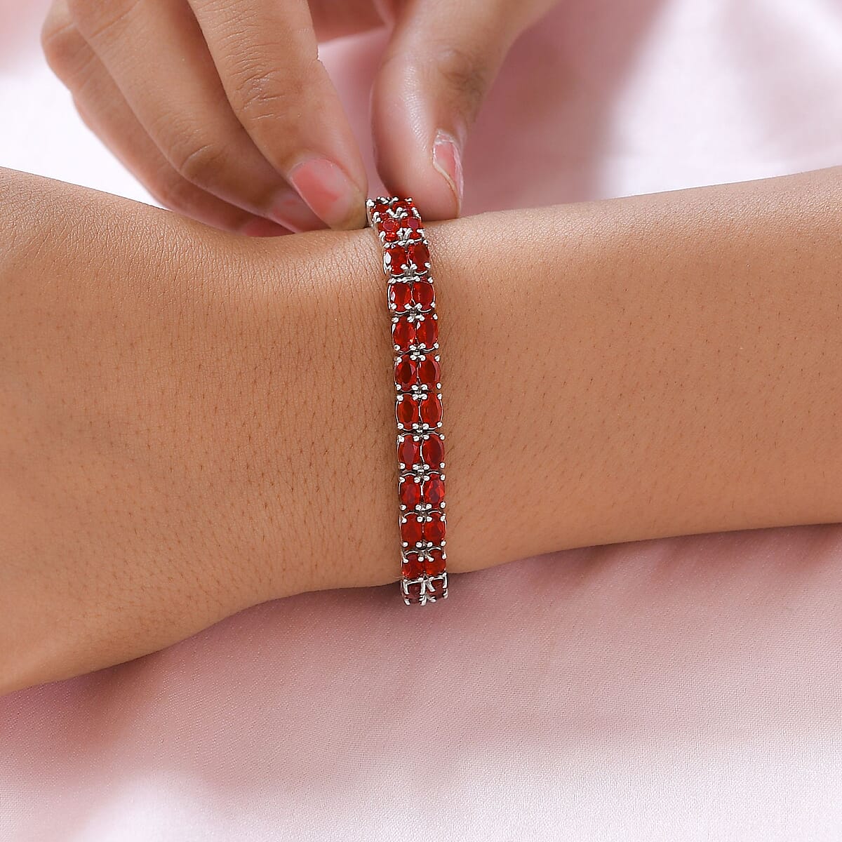 Mexican Cherry Fire Opal and Natural Thai Black Spinel Double Row Tennis Bracelet in Platinum Over Sterling Silver (8.00 In) 17 Grams 8.90 ctw image number 2