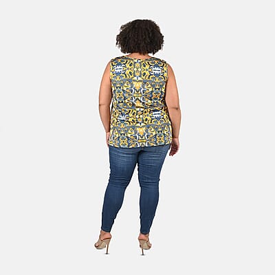 Tamsy Gray and Yellow Floral Print Basic Scoop Neck Knit Tank 1X
