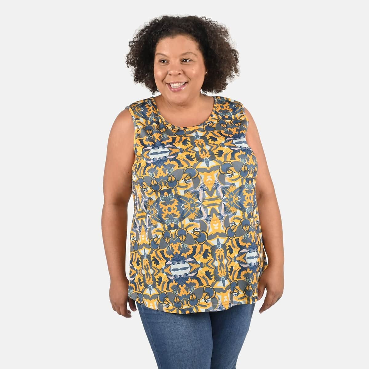 Tamsy Gray and Yellow Floral Print Basic Scoop Neck Knit Tank 1X image number 3