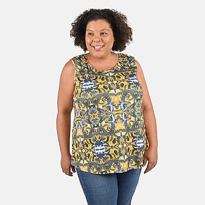 Tamsy Gray and Yellow Floral Print Basic Scoop Neck Knit Tank 1X