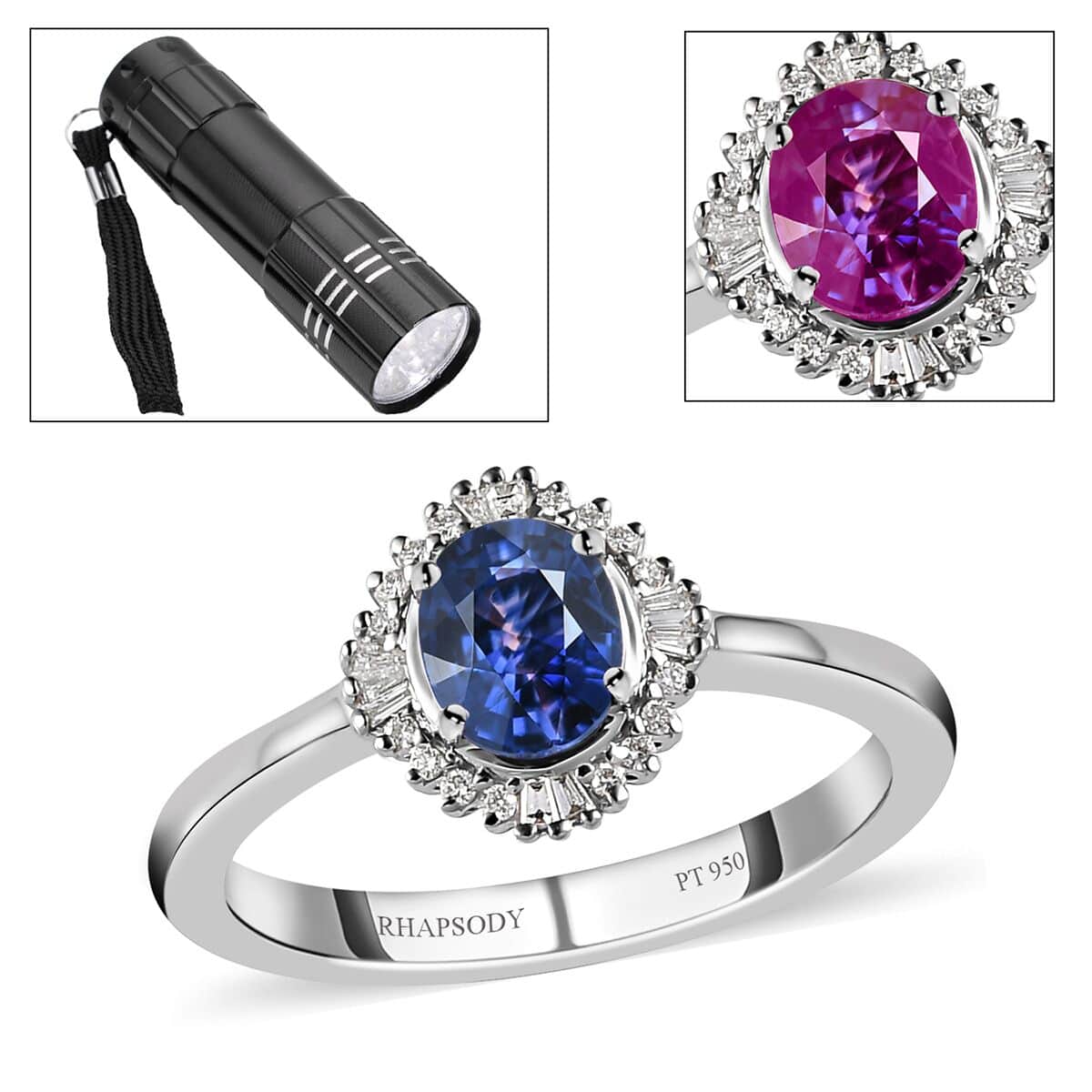 Rhapsody 950 Platinum AAAA Tanzanian Color Change Sapphire and E-F VS2 Diamond Halo Ring (Size 6.0) 4.90 Grams 0.85 ctw with Free UV Torch image number 0