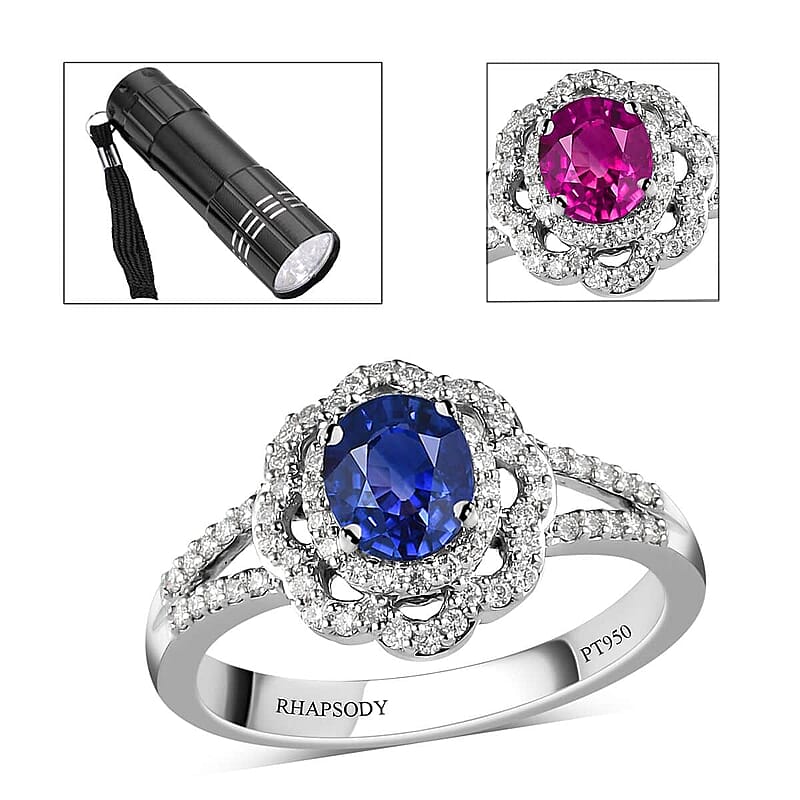 Rhapsody 950 Platinum AAAA Tanzanian Color Change Sapphire and E-F VS Diamond Split Shank Floral Ring (Size 6.0) 5.35 Grams 1.15 ctw with Free UV Torch