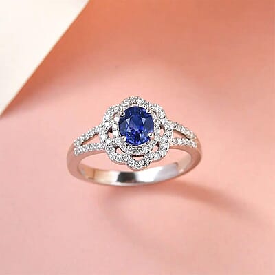 Rhapsody 950 Platinum AAAA Tanzanian Color Change Sapphire and E-F VS Diamond Split Shank Floral Ring (Size 6.0) 5.35 Grams 1.15 ctw with Free UV Torch