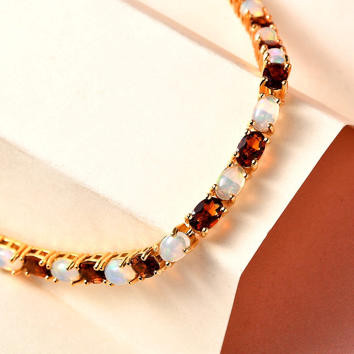 Premium Brazilian Cherry Citrine and Premium Ethiopian Welo Opal Tennis Bracelet in Vermeil Yellow Gold Over Sterling Silver (7.25 In) 11.65 Grams 10.00 ctw image number 1
