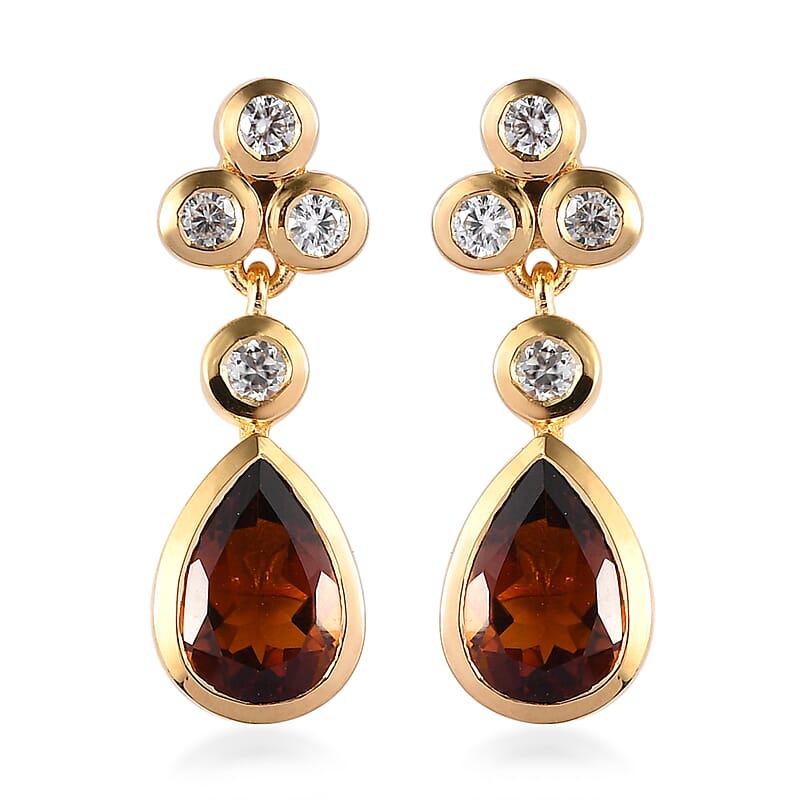 Brazilian Cherry Citrine and White Zircon Drop Earrings in Vermeil Yellow Gold Over Sterling Silver 2.85 ctw