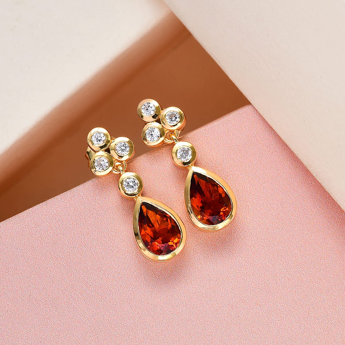 Brazilian Cherry Citrine and White Zircon Drop Earrings in Vermeil Yellow Gold Over Sterling Silver 2.85 ctw image number 1