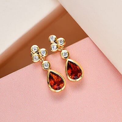 Brazilian Cherry Citrine and White Zircon Drop Earrings in Vermeil Yellow Gold Over Sterling Silver 2.85 ctw
