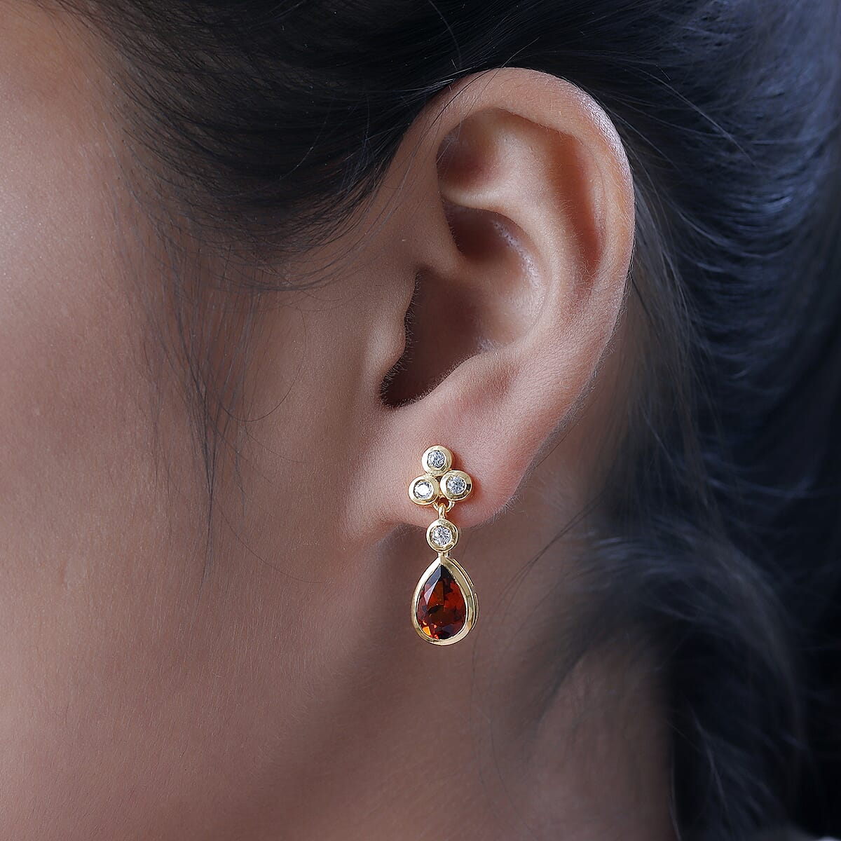 Brazilian Cherry Citrine and White Zircon Drop Earrings in Vermeil Yellow Gold Over Sterling Silver 2.85 ctw image number 2