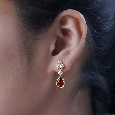 Brazilian Cherry Citrine and White Zircon Drop Earrings in Vermeil Yellow Gold Over Sterling Silver 2.85 ctw