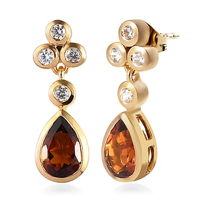 Brazilian Cherry Citrine and White Zircon Drop Earrings in Vermeil Yellow Gold Over Sterling Silver 2.85 ctw