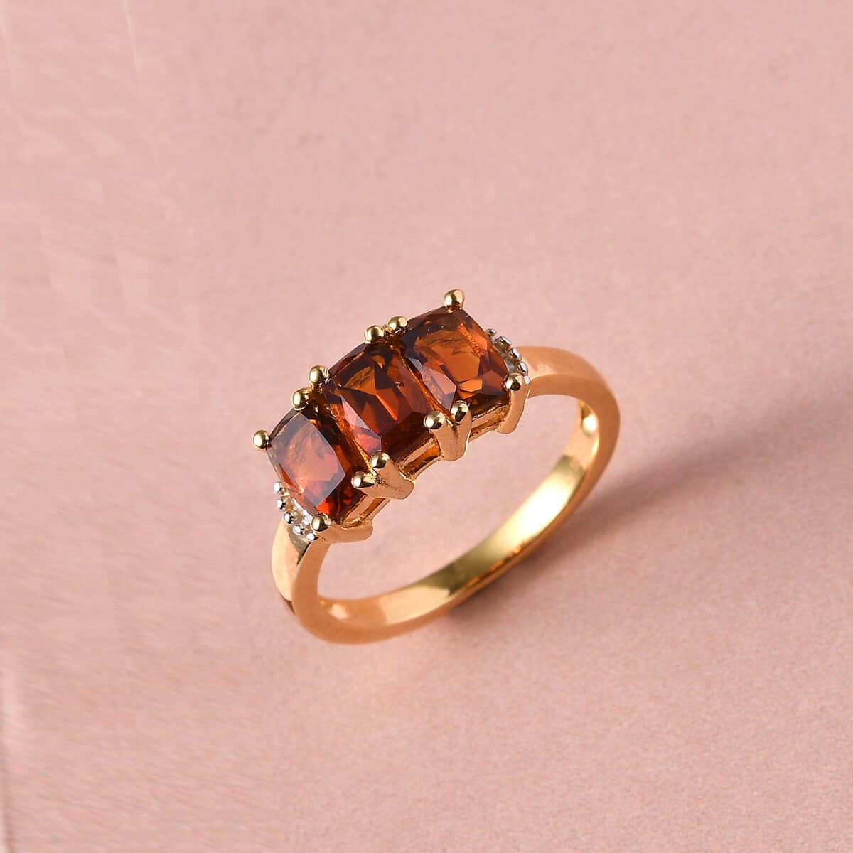 Brazilian Cherry Citrine and Diamond Trilogy Ring in Vermeil Yellow Gold Over Sterling Silver (Size 7.0) 1.90 ctw image number 1