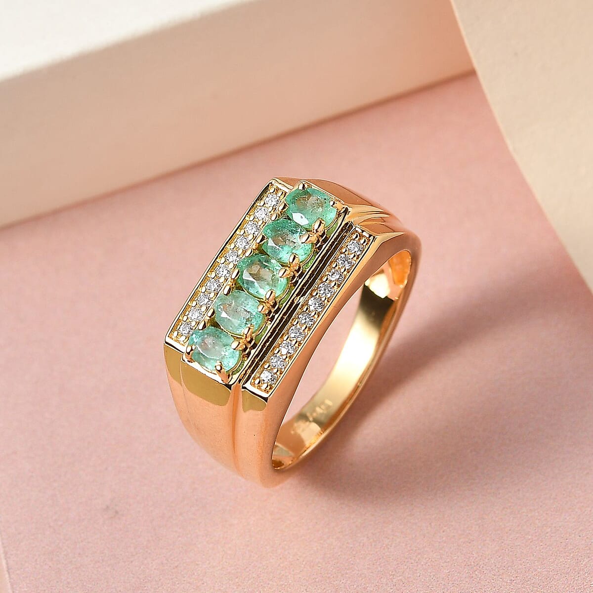 Boyaca Colombian Emerald and Moissanite Men's Ring in Vermeil Yellow Gold Over Sterling Silver (Size 10.0) 1.25 ctw image number 1