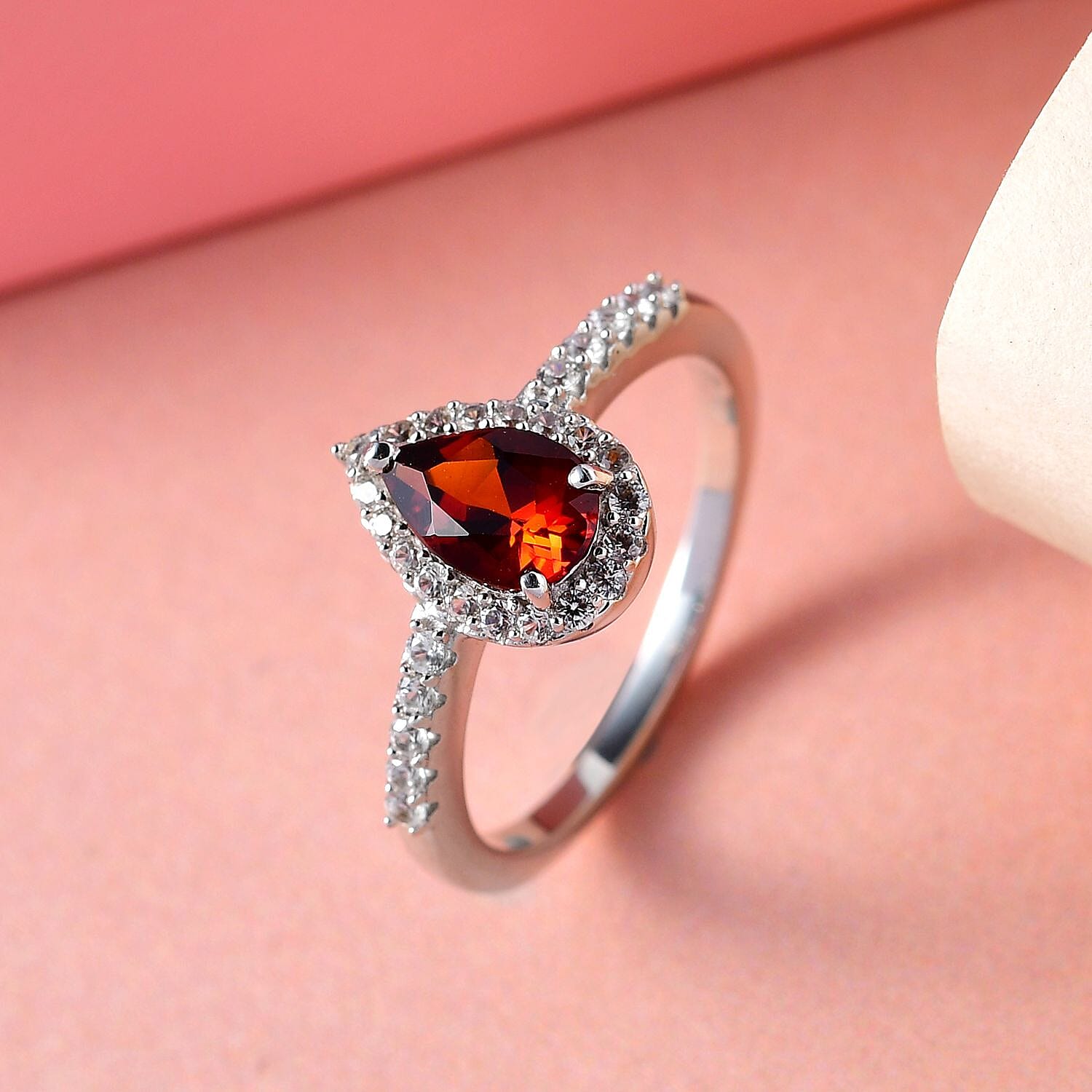 Brazilian Cherry Citrine and Natural White Zircon Halo Ring in Platinum Over Sterling Silver (Size 10.0) 1.15 ctw