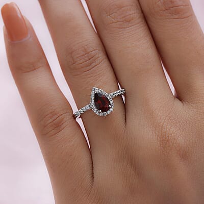 Brazilian Cherry Citrine and Natural White Zircon Halo Ring in Platinum Over Sterling Silver (Size 10.0) 1.15 ctw