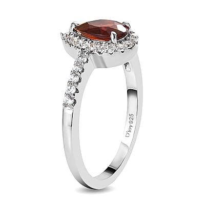 Brazilian Cherry Citrine and Natural White Zircon Halo Ring in Platinum Over Sterling Silver (Size 10.0) 1.15 ctw