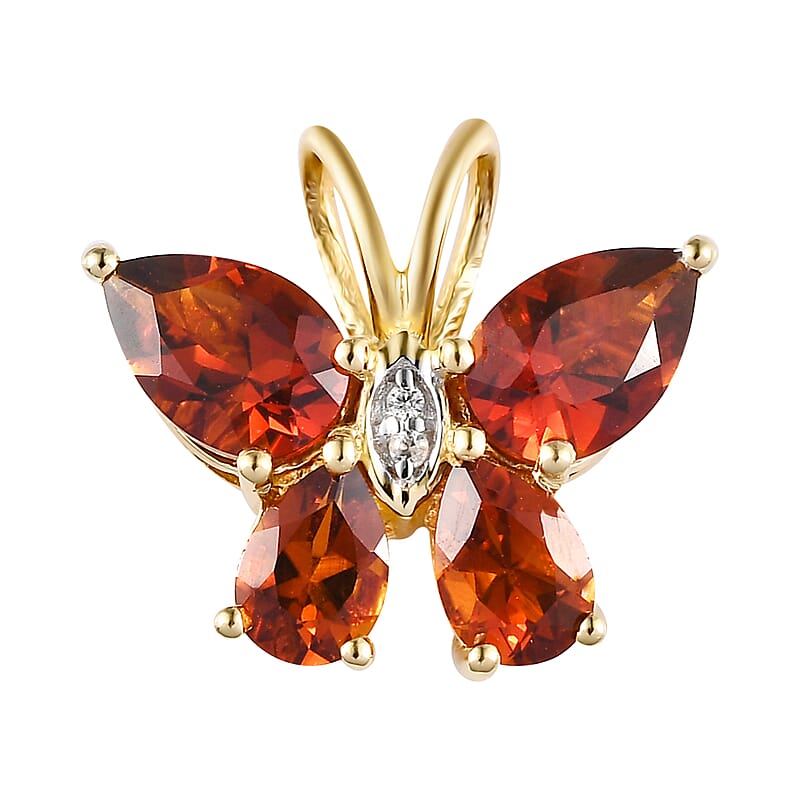 Brazilian Cherry Citrine and Natural White Zircon Butterfly Pendant in Vermeil Yellow Gold Over Sterling Silver 2.15 ctw