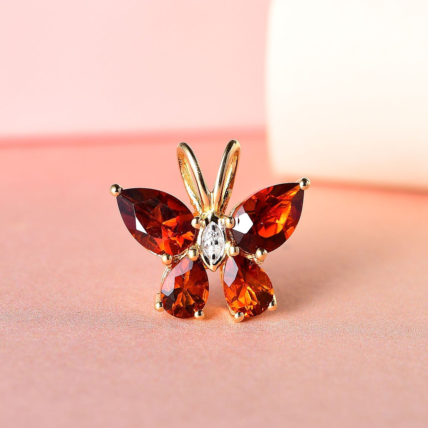 Brazilian Cherry Citrine and Natural White Zircon Butterfly Pendant in Vermeil Yellow Gold Over Sterling Silver 2.15 ctw