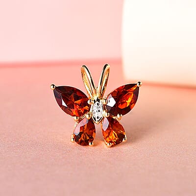 Brazilian Cherry Citrine and Natural White Zircon Butterfly Pendant in Vermeil Yellow Gold Over Sterling Silver 2.15 ctw
