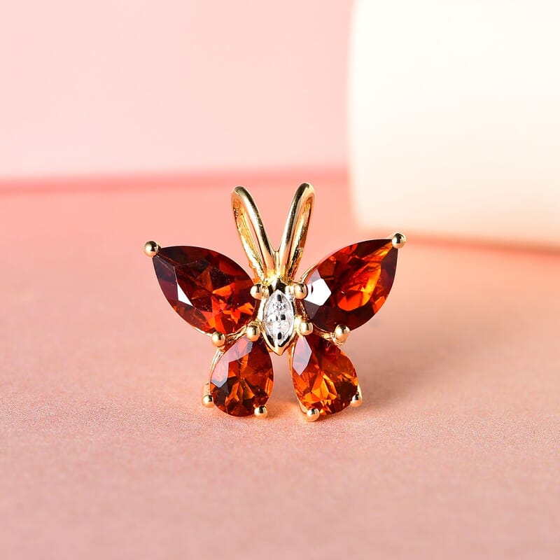 Brazilian Cherry Citrine and Natural White Zircon Butterfly Pendant in Vermeil Yellow Gold Over Sterling Silver 2.15 ctw