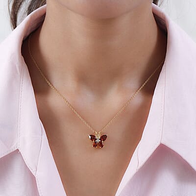 Brazilian Cherry Citrine and Natural White Zircon Butterfly Pendant in Vermeil Yellow Gold Over Sterling Silver 2.15 ctw