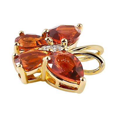 Brazilian Cherry Citrine and Natural White Zircon Butterfly Pendant in Vermeil Yellow Gold Over Sterling Silver 2.15 ctw