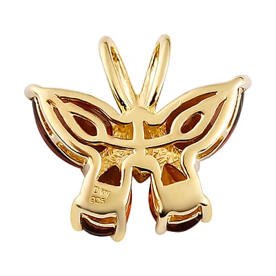 Brazilian Cherry Citrine and Natural White Zircon Butterfly Pendant in Vermeil Yellow Gold Over Sterling Silver 2.15 ctw