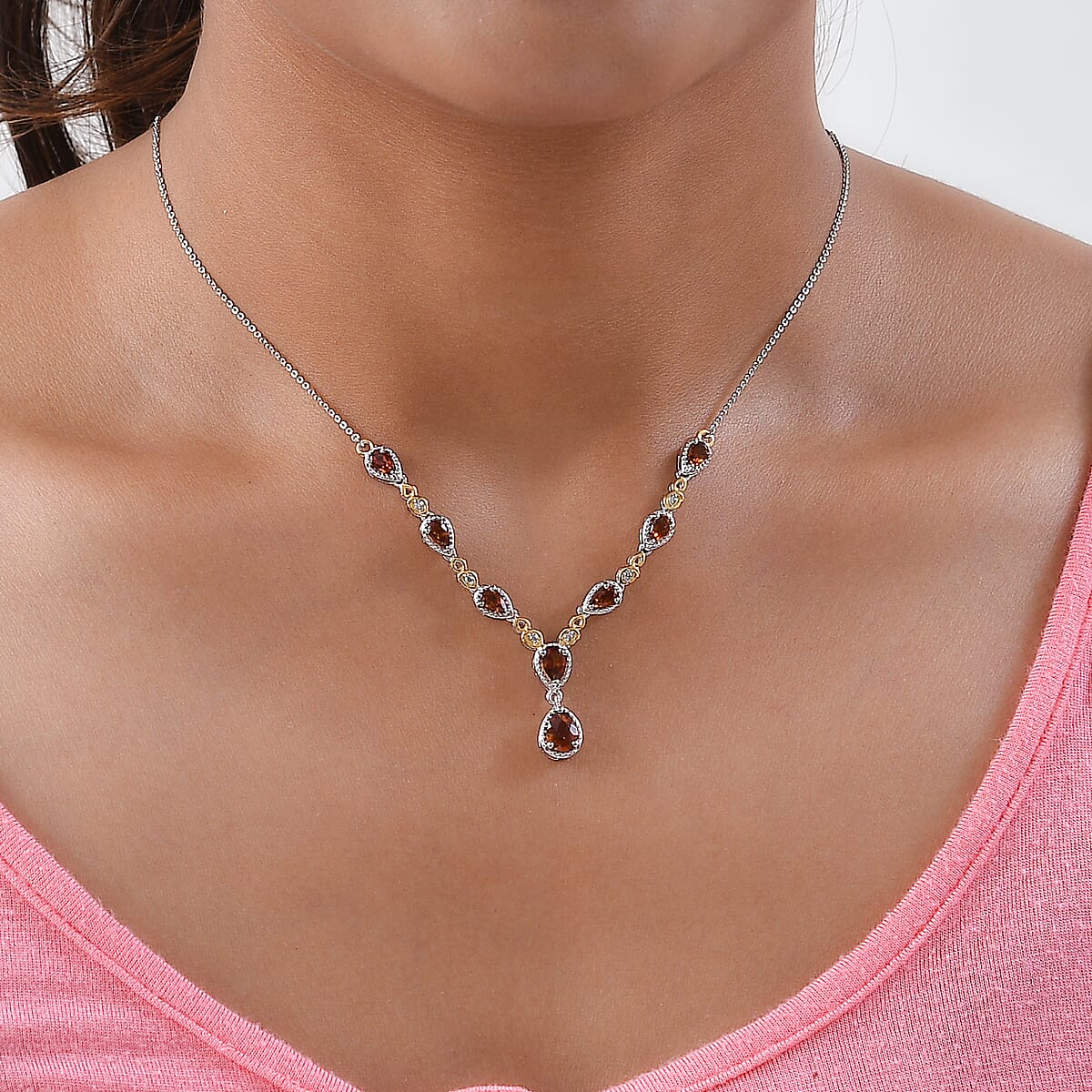 Premium Brazilian Cherry Citrine and White Zircon Necklace 18 Inches in Vermeil Yellow Gold and Platinum Over Sterling Silver 2.10 ctw image number 2