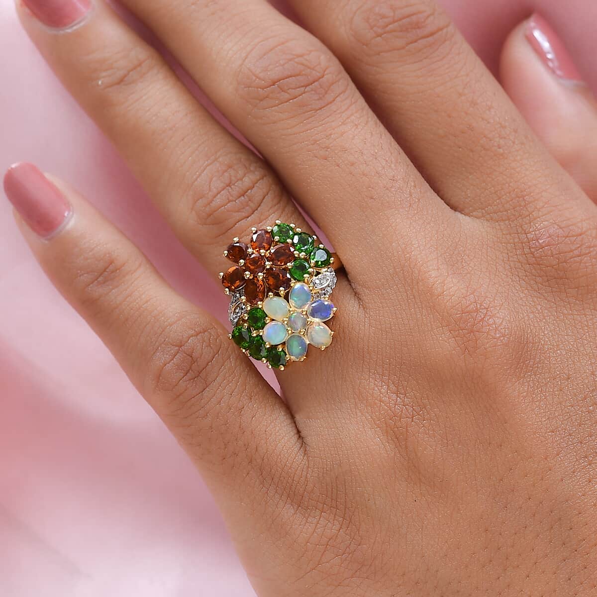 Multi Gemstone Floral Ring in Vermeil Yellow Gold Over Sterling Silver 3.30 ctw image number 2