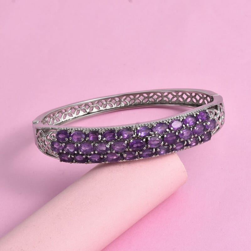 African Amethyst 13.35 ctw Bangle Bracelet in Stainless Steel (6.50 In)