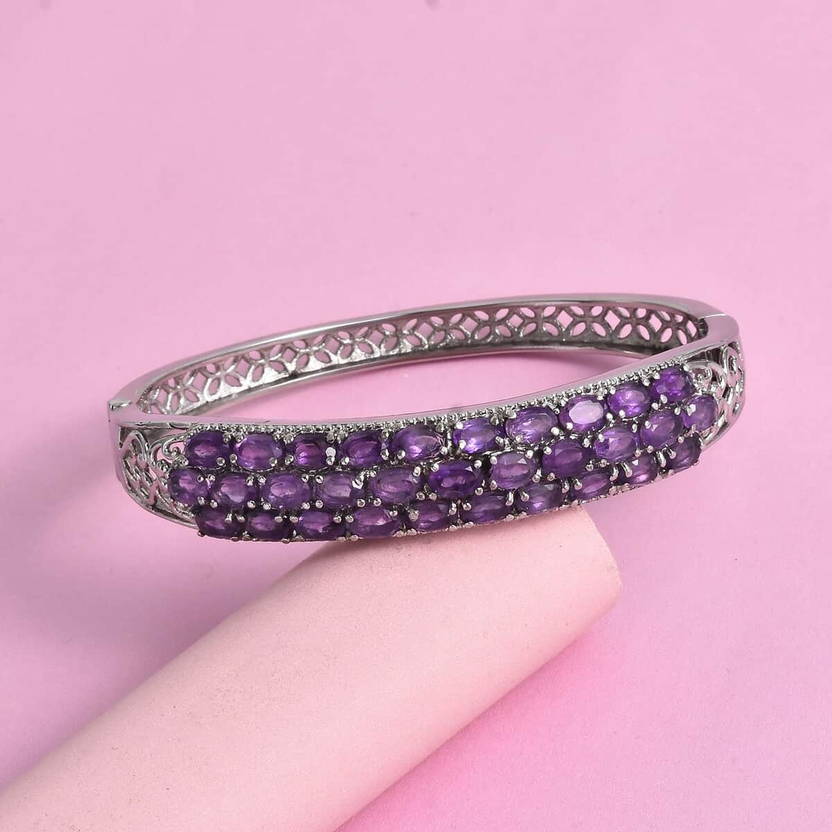 African Amethyst Bangle Bracelet in Stainless Steel (7.25 In) 13.35 ctw image number 1