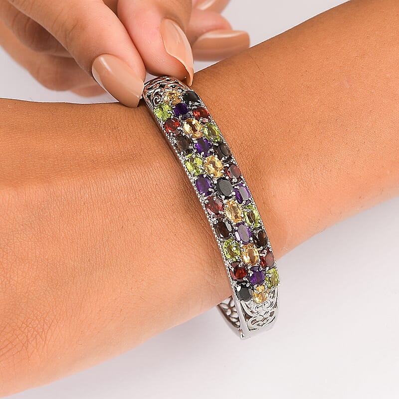 Multi Gemstone 15.85 ctw Bangle Bracelet in Stainless Steel (7.25 In)