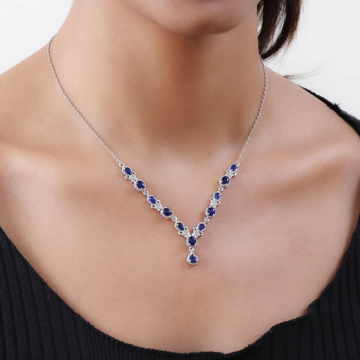 Tanzanian Blue Spinel (DF) and Natural White Zircon Station Necklace 18 Inches in Platinum Over Sterling Silver 4.00 ctw image number 2