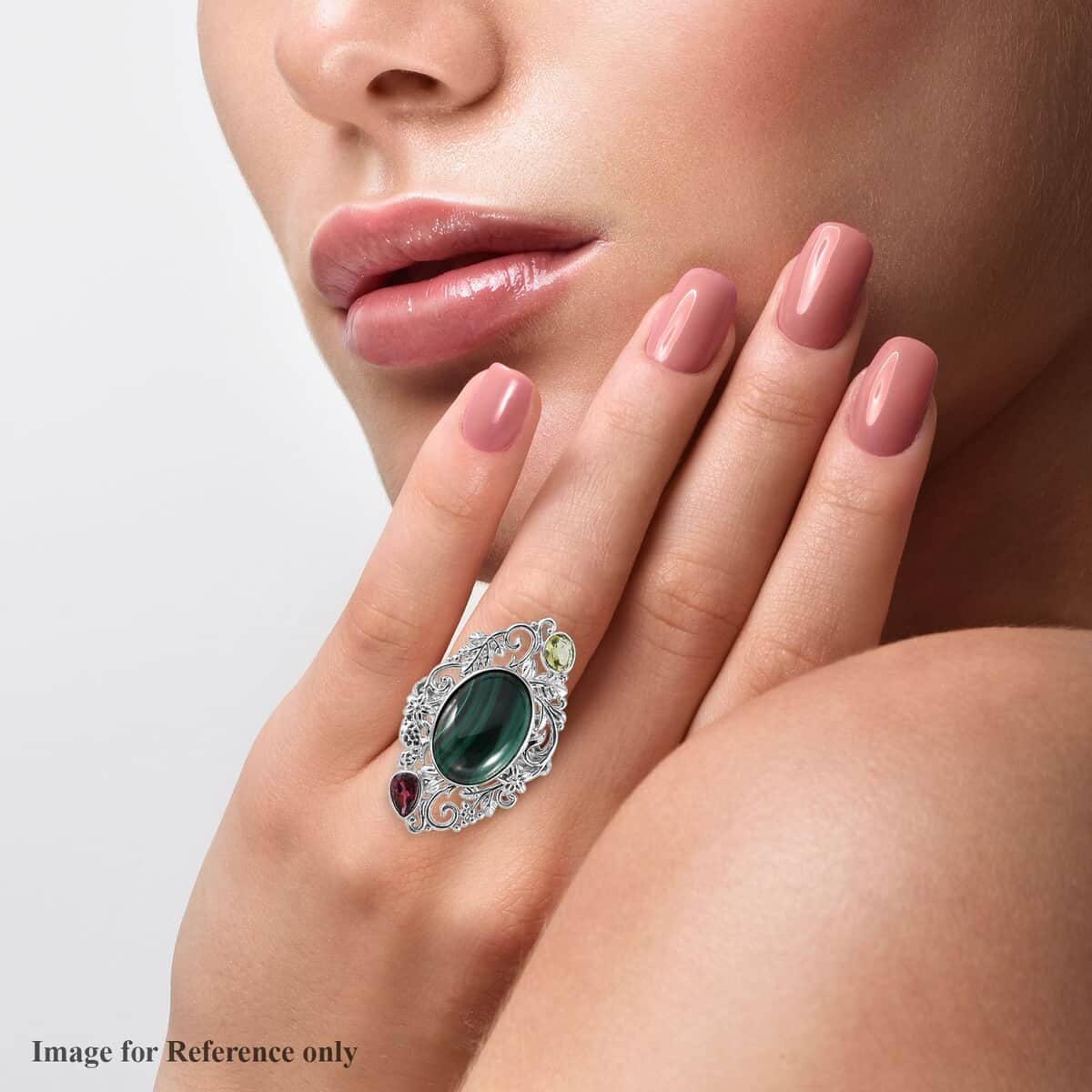 19th Oct One Time Only African Malachite, Peridot, Orissa Rhodolite Garnet Ring in Platinum Over Copper (Size 10.0) 7.75 ctw image number 2