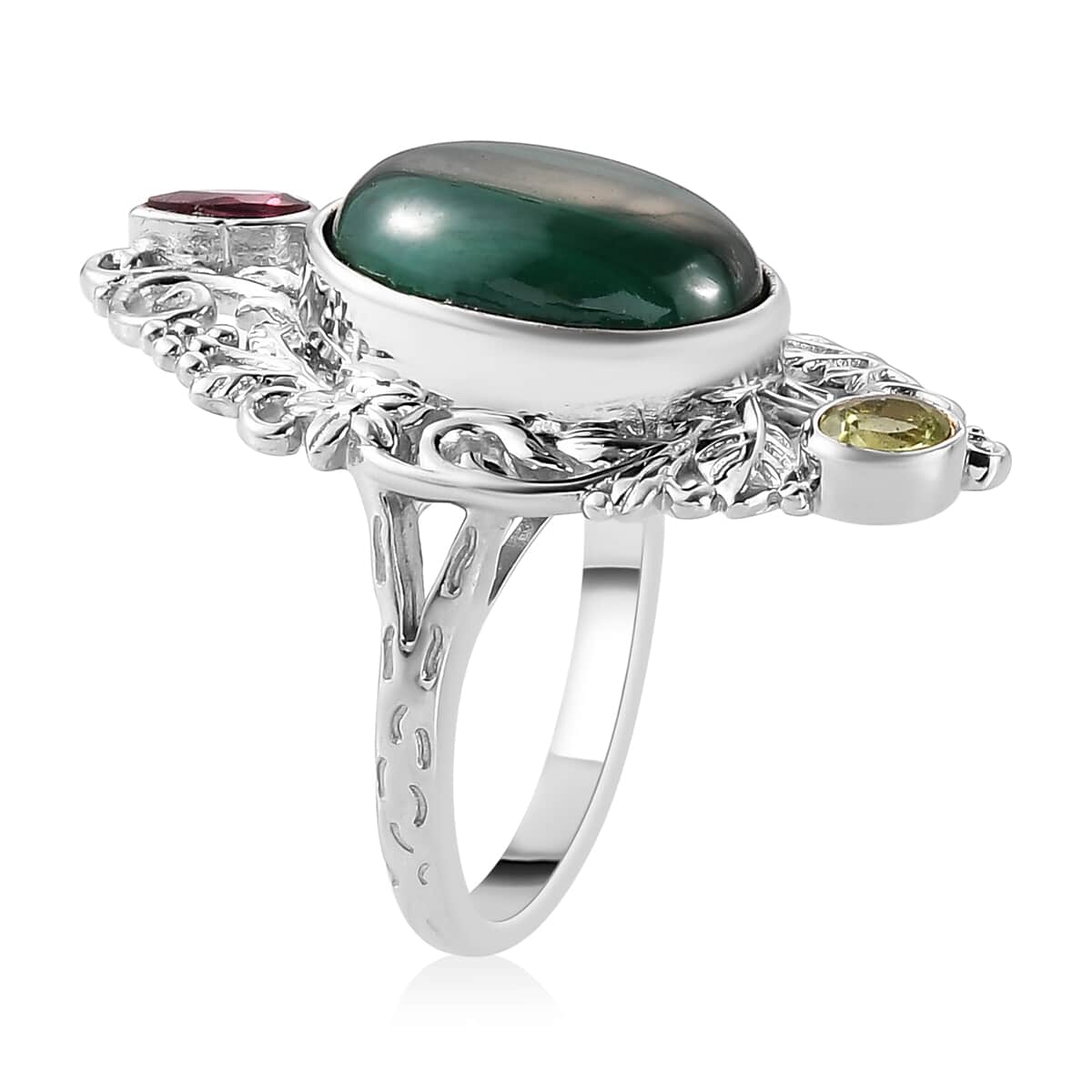 Artisan Crafted African Malachite and Multi Gemstone Ring in Platinum Over Copper with Magnet (Size 10.0) 7.75 ctw image number 3