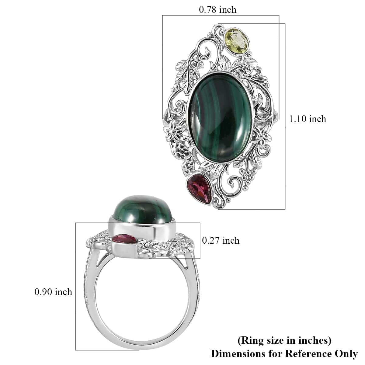 Artisan Crafted African Malachite and Multi Gemstone Ring in Platinum Over Copper with Magnet (Size 10.0) 7.75 ctw image number 5
