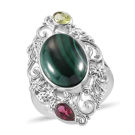 Artisan Crafted African Malachite and Multi Gemstone Ring in Platinum Over Copper with Magnet (Size 7.0) 7.75 ctw image number 0